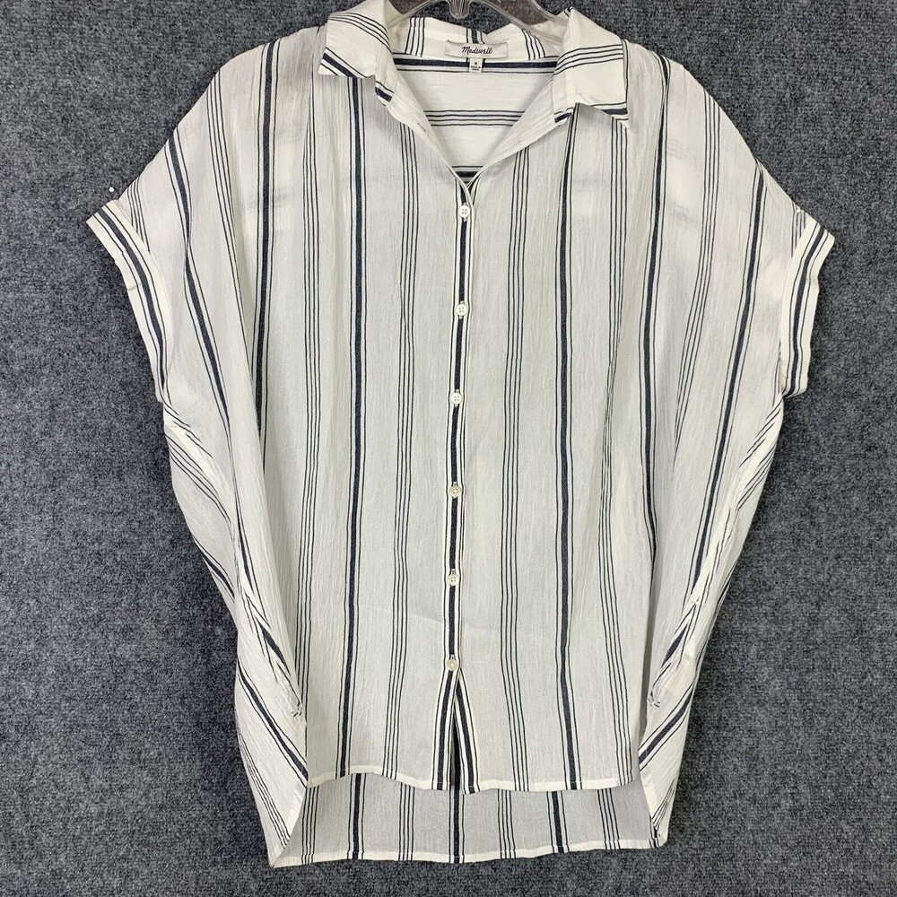 Madewell Cap Sleeve Button Up Women M White Gray Stripe Oversize Gauzy